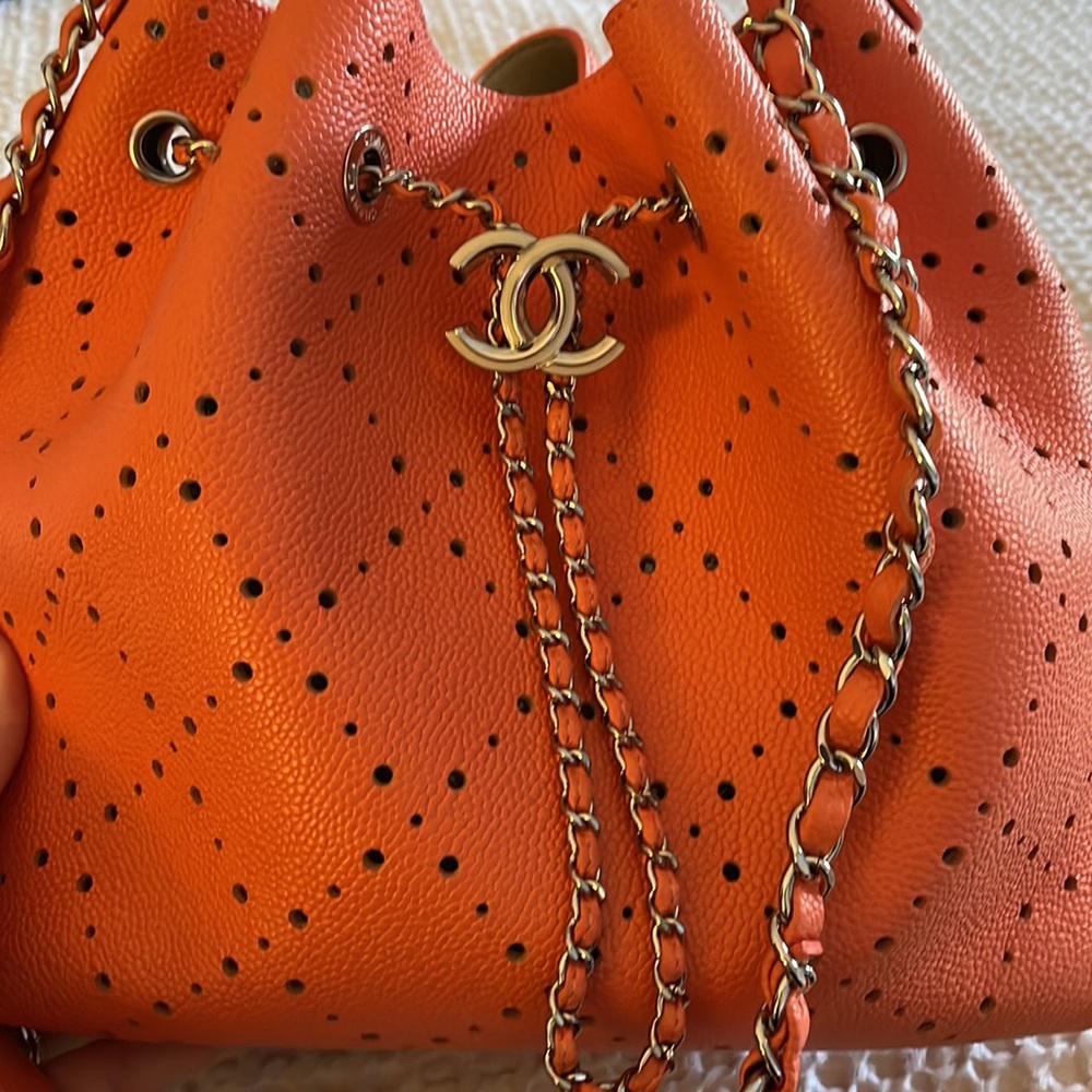 Chanel Caviar Drawstring Perforated Bucket Bag Coral Pink Orange Silver HW - Picture 16 of 16